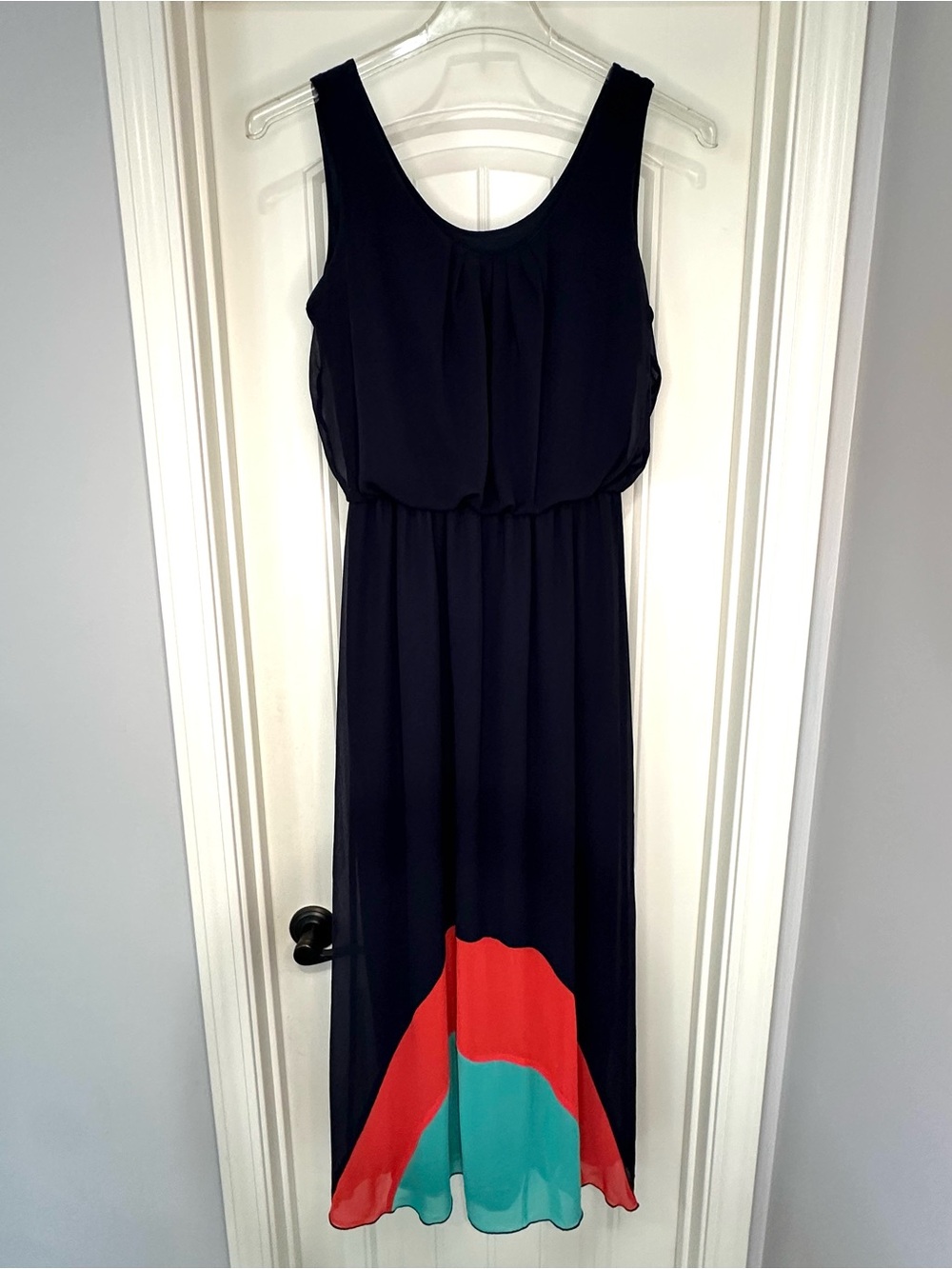 Enfocus Studio Navy Maxi Dress with Coral and Teal Hem